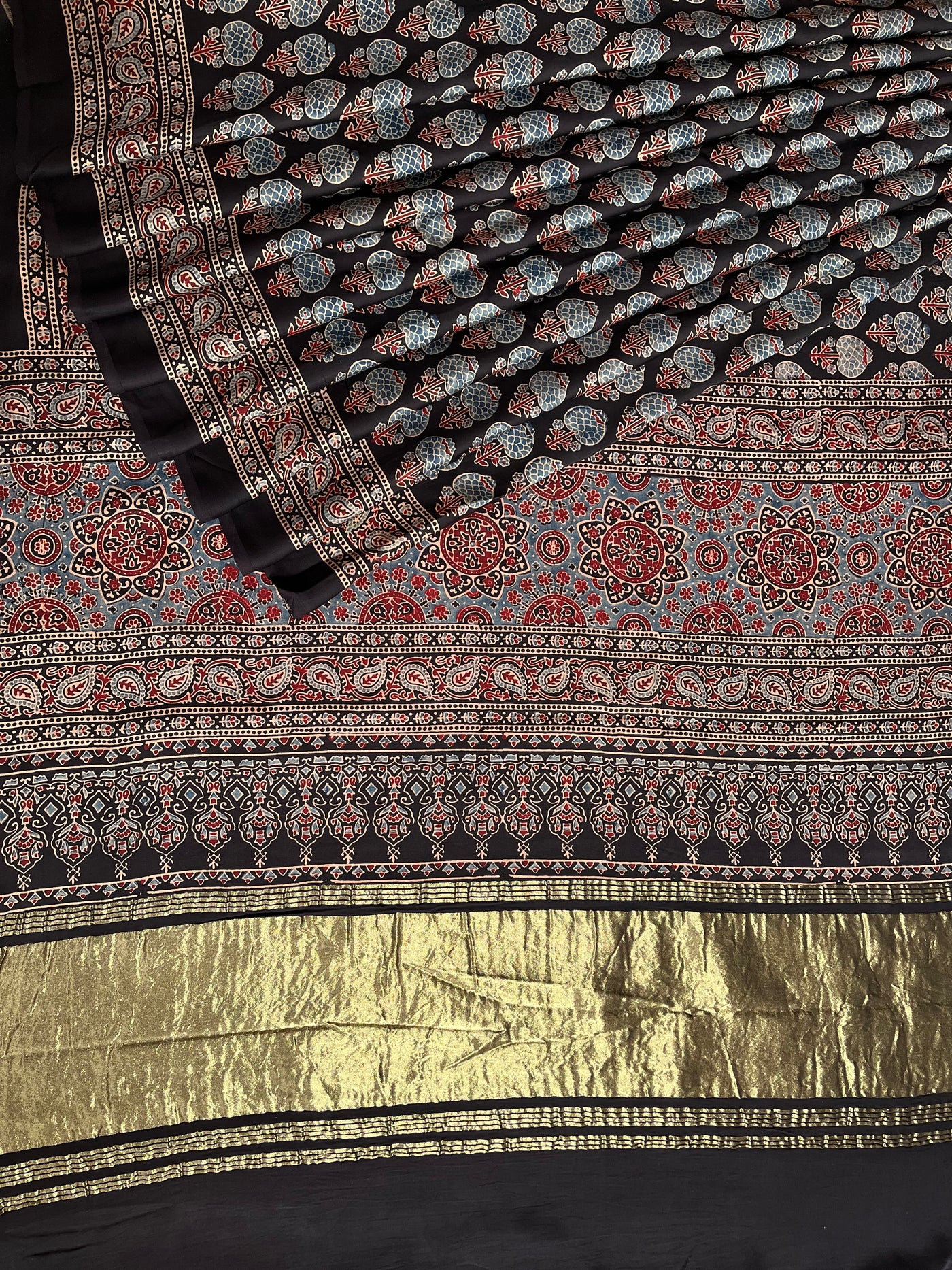 RASHI: Handblock Modal Silk Tissue Ajrakh Saree