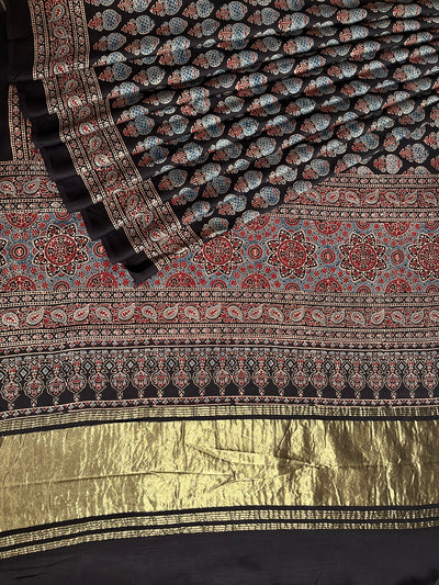 RASHI: Handblock Modal Silk Tissue Ajrakh Saree