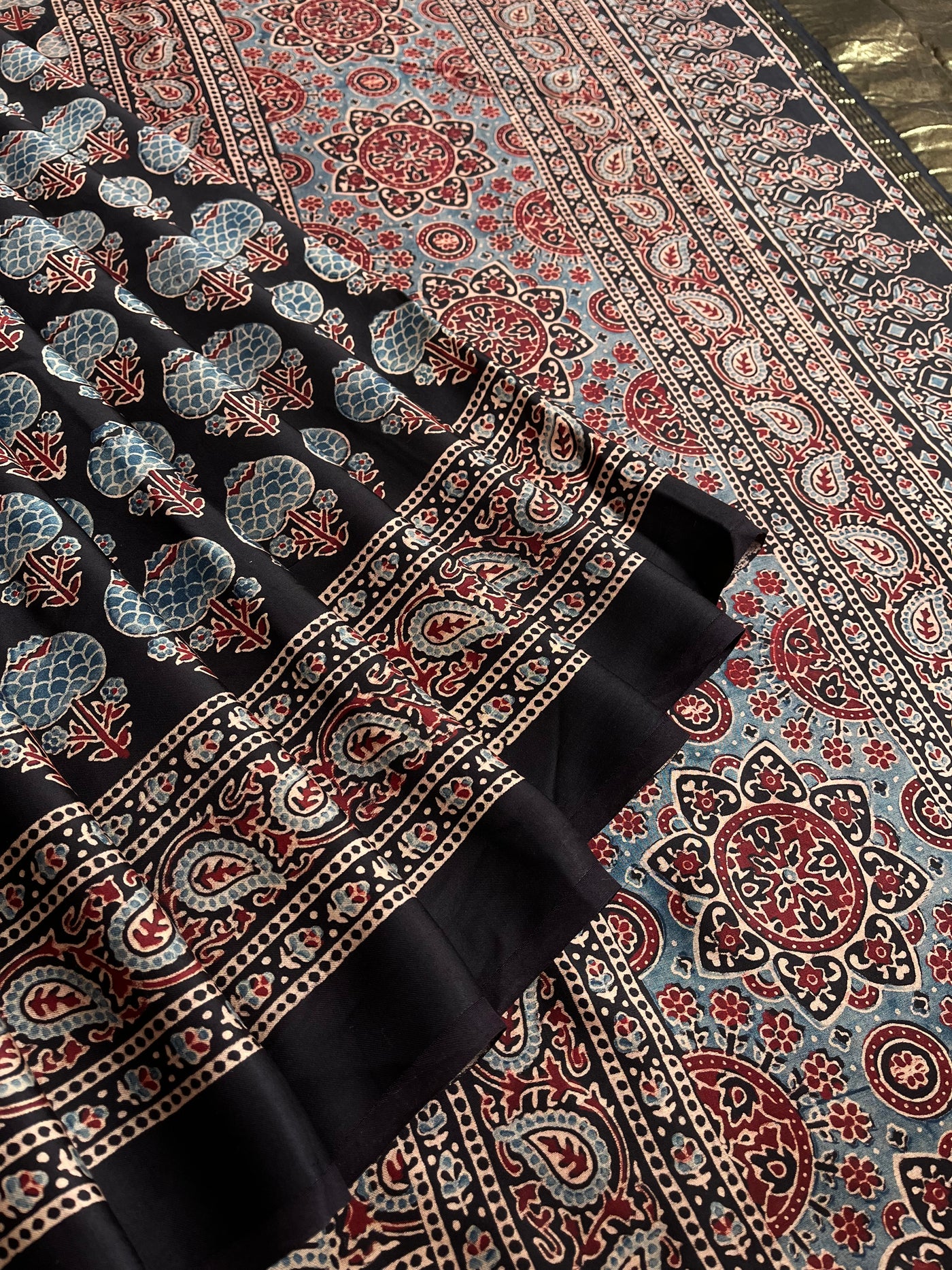 RASHI: Handblock Modal Silk Tissue Ajrakh Saree