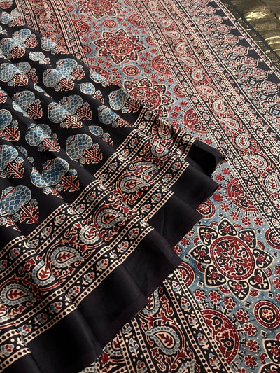 RASHI: Handblock Modal Silk Tissue Ajrakh Saree