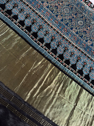 PRIYA: Handblock Modal Silk Tissue Ajrakh Saree