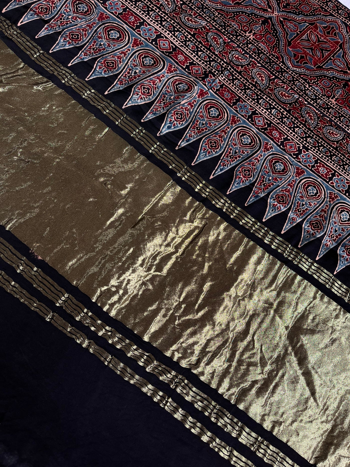 FALAK: Handblock Modal Silk Tissue Ajrakh Saree