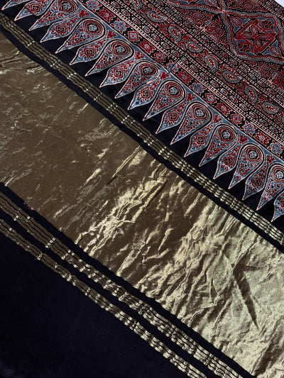FALAK: Handblock Modal Silk Tissue Ajrakh Saree