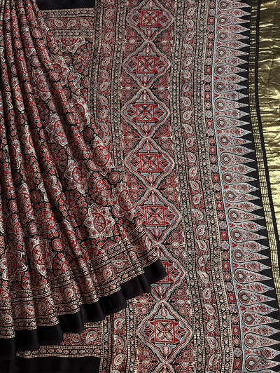 FALAK: Handblock Modal Silk Tissue Ajrakh Saree