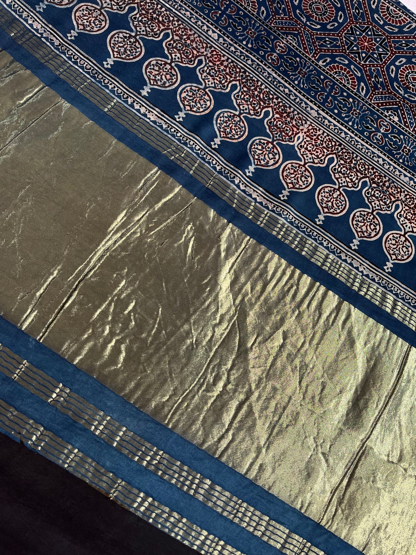 PAKIZA: Handblock Modal Silk Tissue Ajrakh Saree