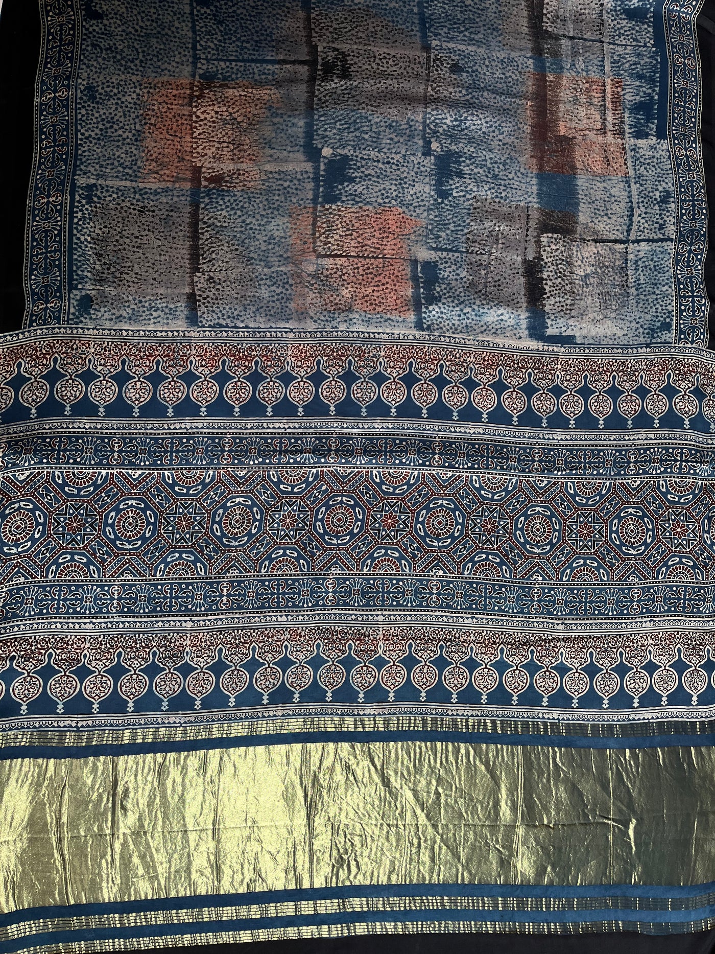 PAKIZA: Handblock Modal Silk Tissue Ajrakh Saree