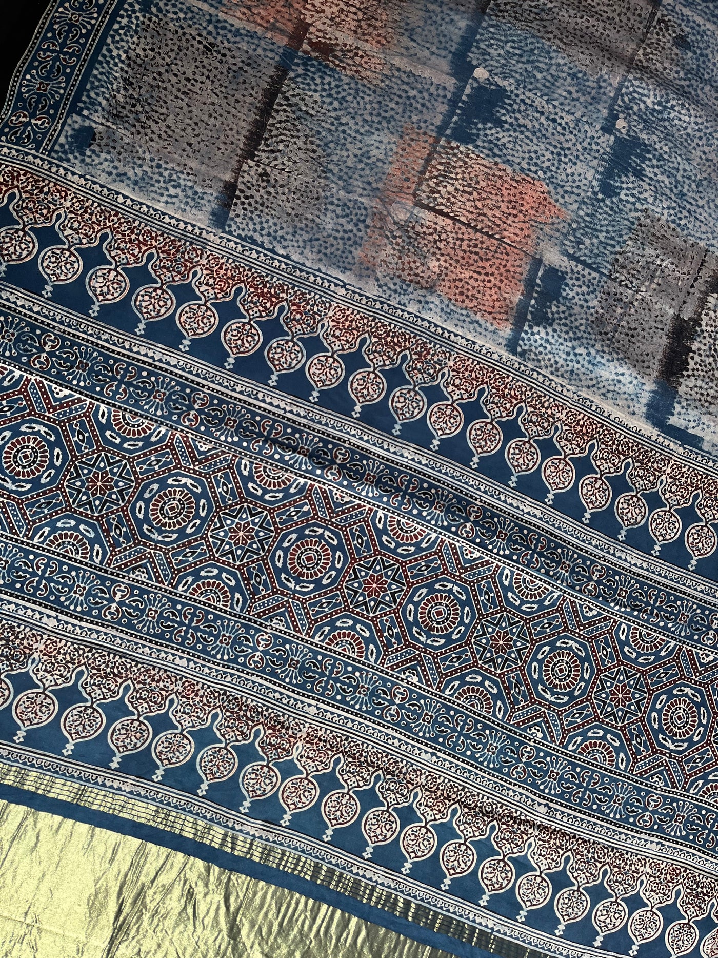 PAKIZA: Handblock Modal Silk Tissue Ajrakh Saree