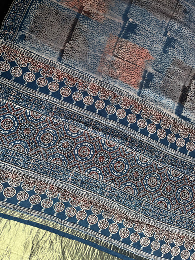 PAKIZA: Handblock Modal Silk Tissue Ajrakh Saree