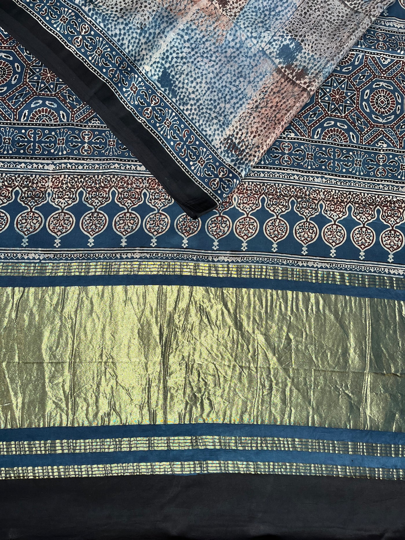 PAKIZA: Handblock Modal Silk Tissue Ajrakh Saree
