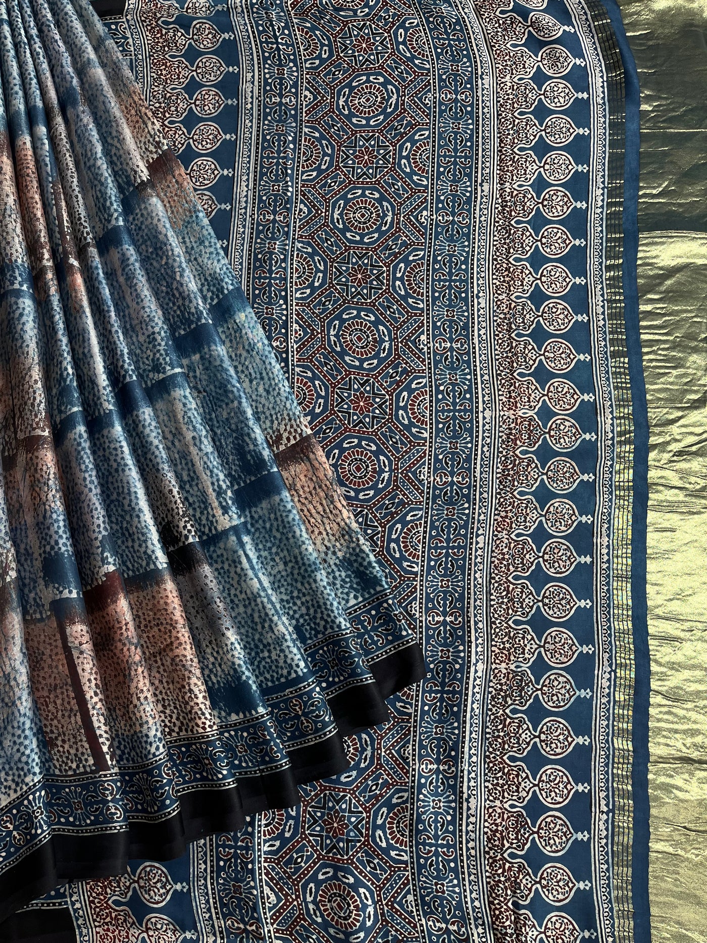 PAKIZA: Handblock Modal Silk Tissue Ajrakh Saree