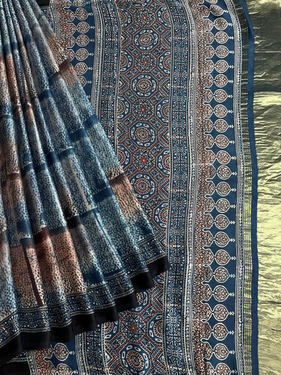 PAKIZA: Handblock Modal Silk Tissue Ajrakh Saree