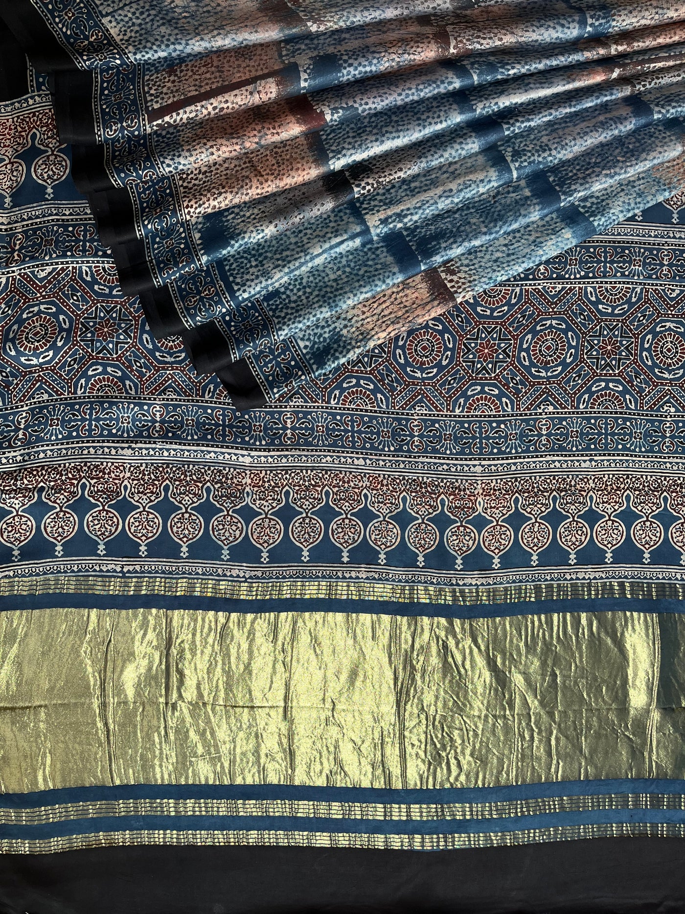 PAKIZA: Handblock Modal Silk Tissue Ajrakh Saree