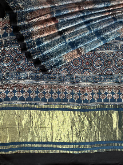 PAKIZA: Handblock Modal Silk Tissue Ajrakh Saree