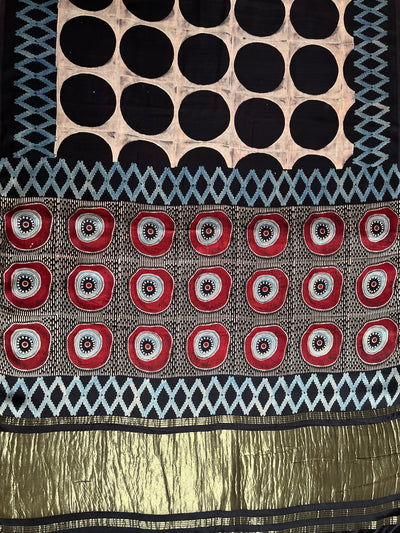 KALPANA: Handblock Modal Silk Tissue Ajrakh Saree