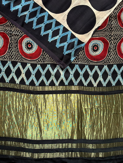 KALPANA: Handblock Modal Silk Tissue Ajrakh Saree