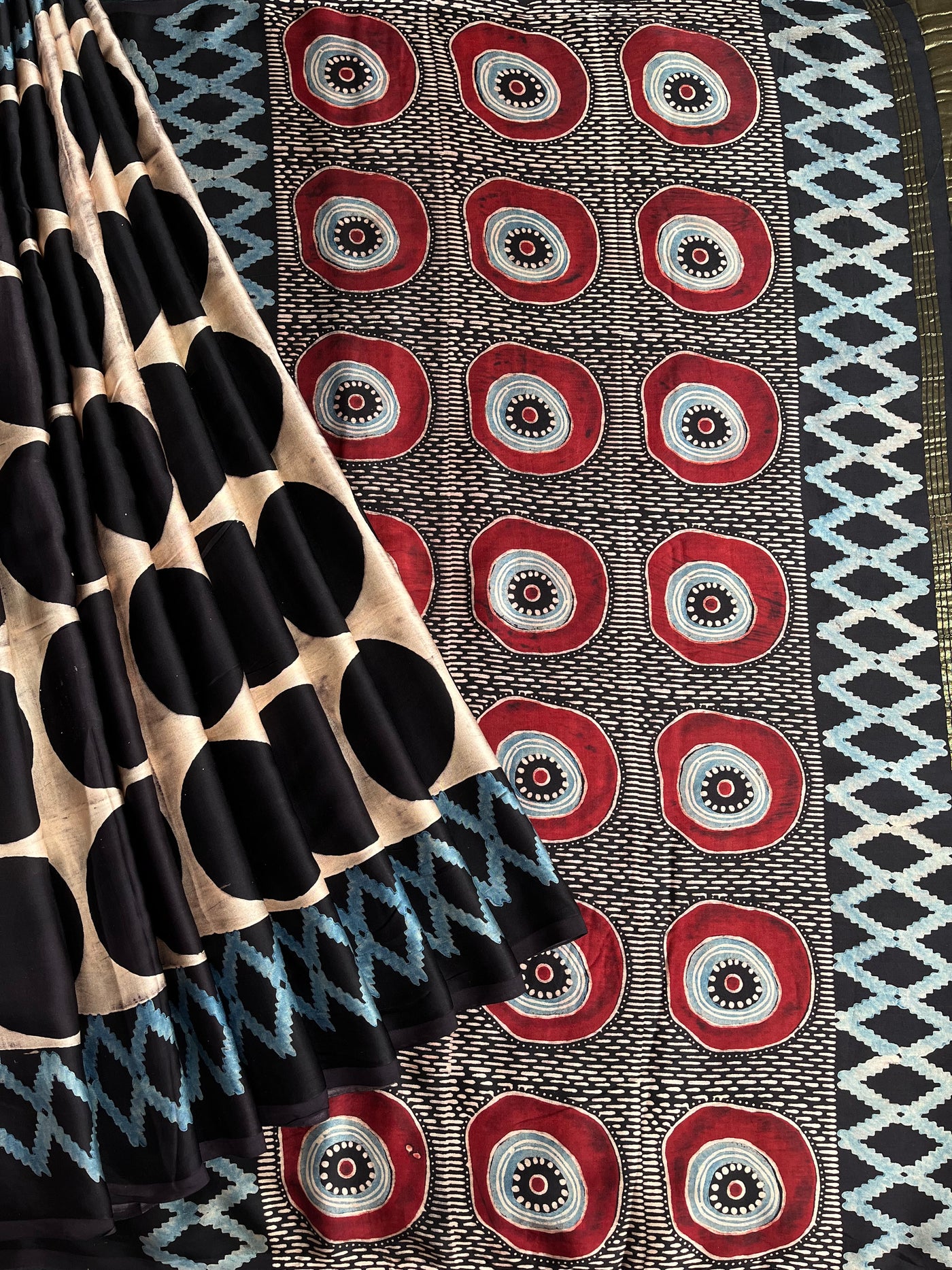 KALPANA: Handblock Modal Silk Tissue Ajrakh Saree