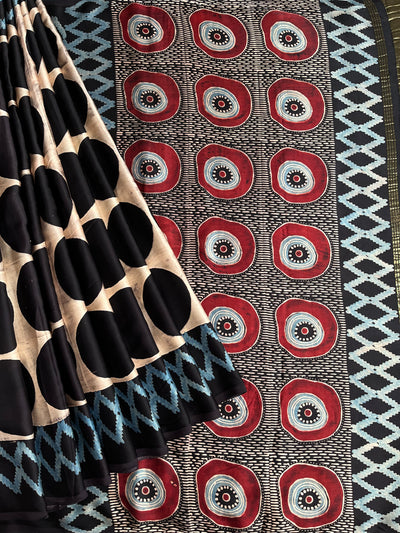 KALPANA: Handblock Modal Silk Tissue Ajrakh Saree