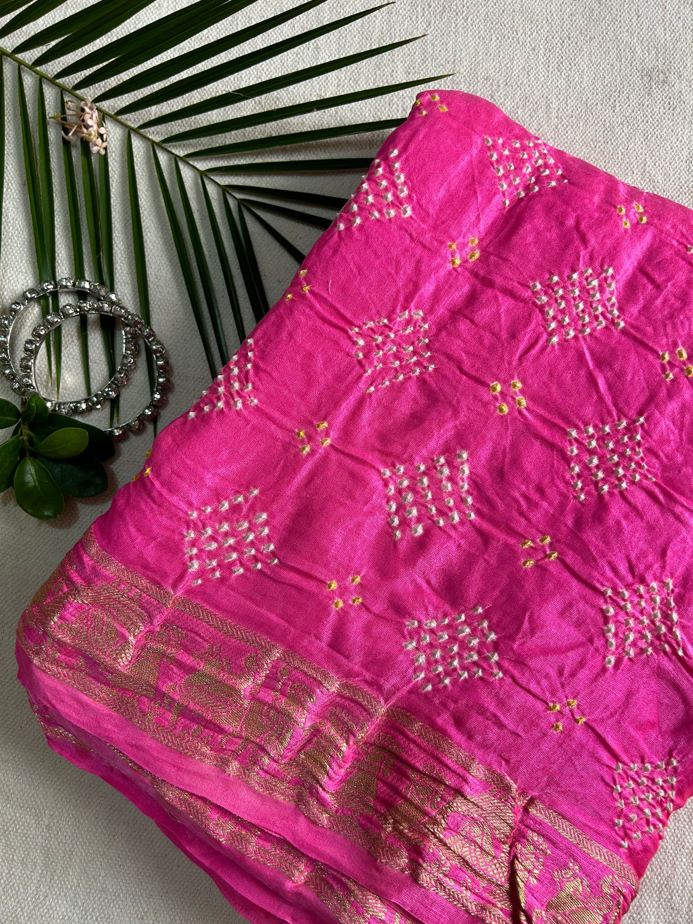 GULMOHAR: HANDMADE PURE GAJJI SILK RAI DANA BANDHNI SAREE WITH TISSUE MEENAKARI PALLU