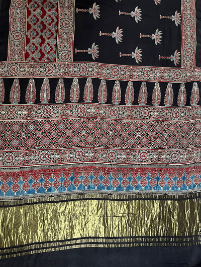 BHOOMI: Handblock Modal Silk Tissue Ajrakh Saree