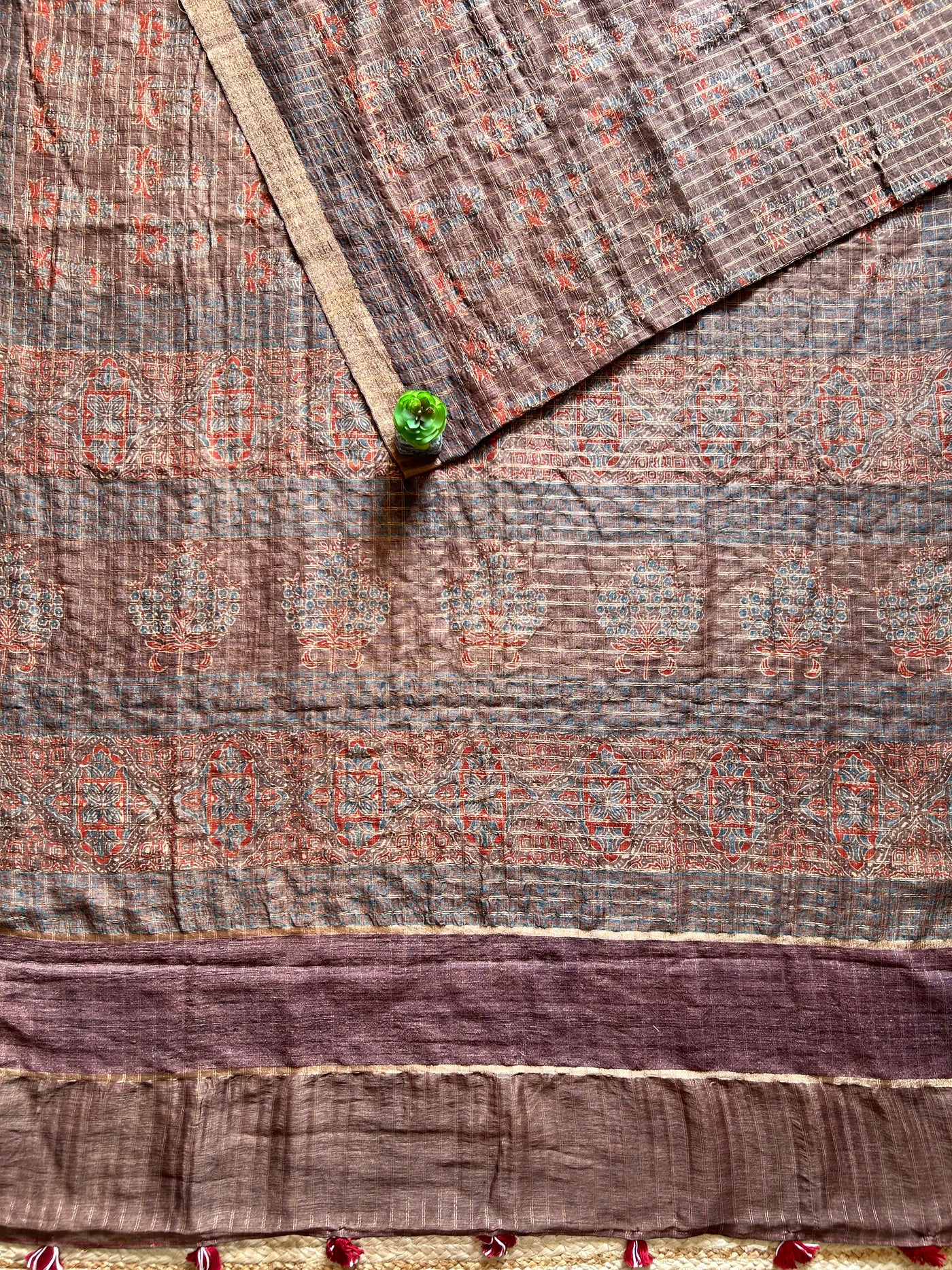 GUNJA :HANDBLOCK AJRAKH PURE SILK-LINEN SAREE