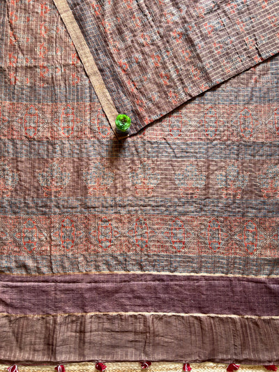 GUNJA :HANDBLOCK AJRAKH PURE SILK-LINEN SAREE