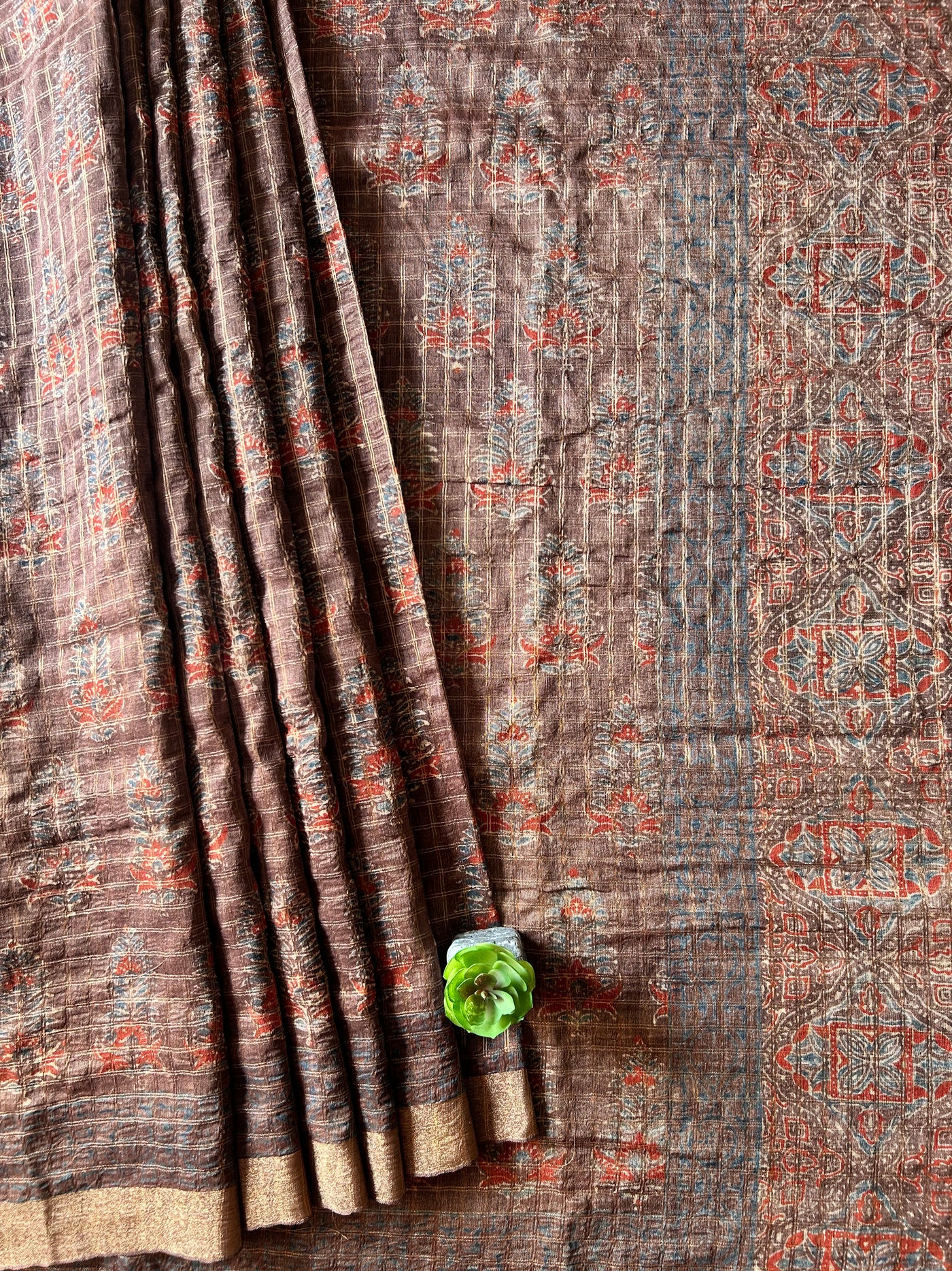 GUNJA :HANDBLOCK AJRAKH PURE SILK-LINEN SAREE