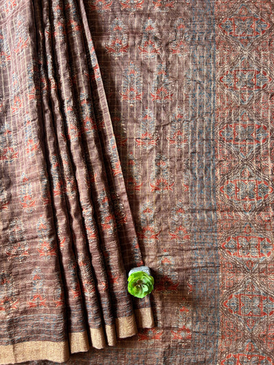 GUNJA :HANDBLOCK AJRAKH PURE SILK-LINEN SAREE
