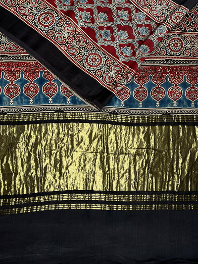 BHOOMI: Handblock Modal Silk Tissue Ajrakh Saree