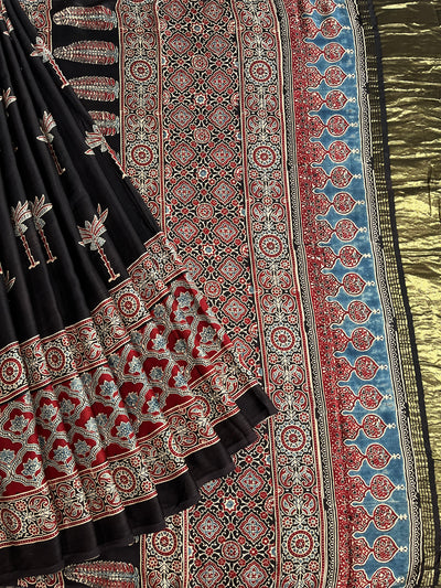 BHOOMI: Handblock Modal Silk Tissue Ajrakh Saree