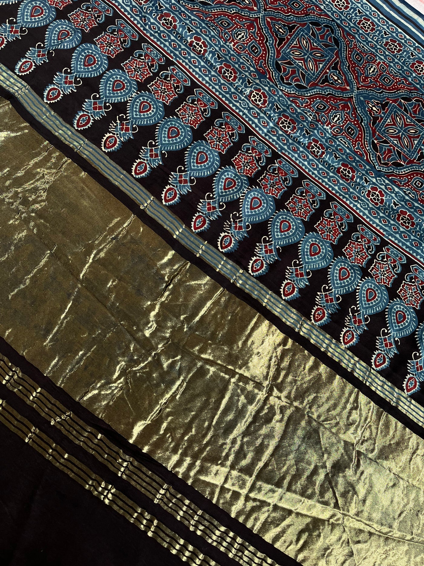 NISHA: Handblock Modal Silk Tissue Ajrakh Saree