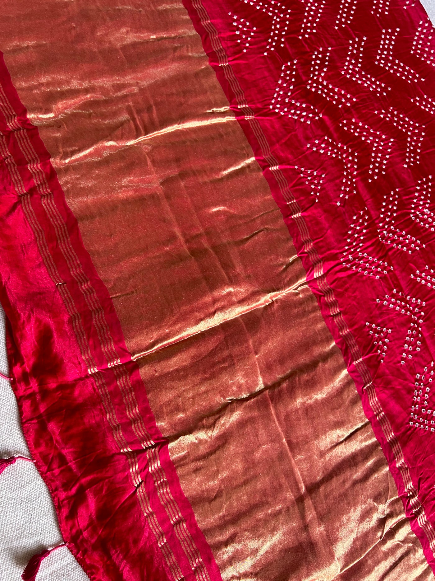 UPASANA: HANDMADE PURE GAJJI SILK RAI DANA BANDHNI SAREE WITH TISSUE PALLU