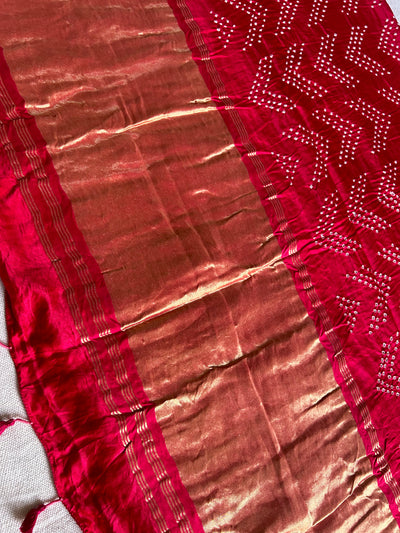 UPASANA: HANDMADE PURE GAJJI SILK RAI DANA BANDHNI SAREE WITH TISSUE PALLU