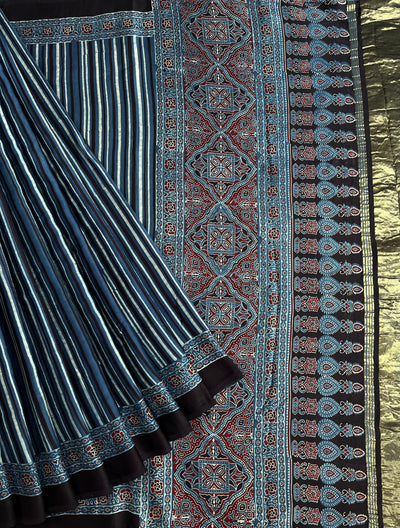 NISHA: Handblock Modal Silk Tissue Ajrakh Saree