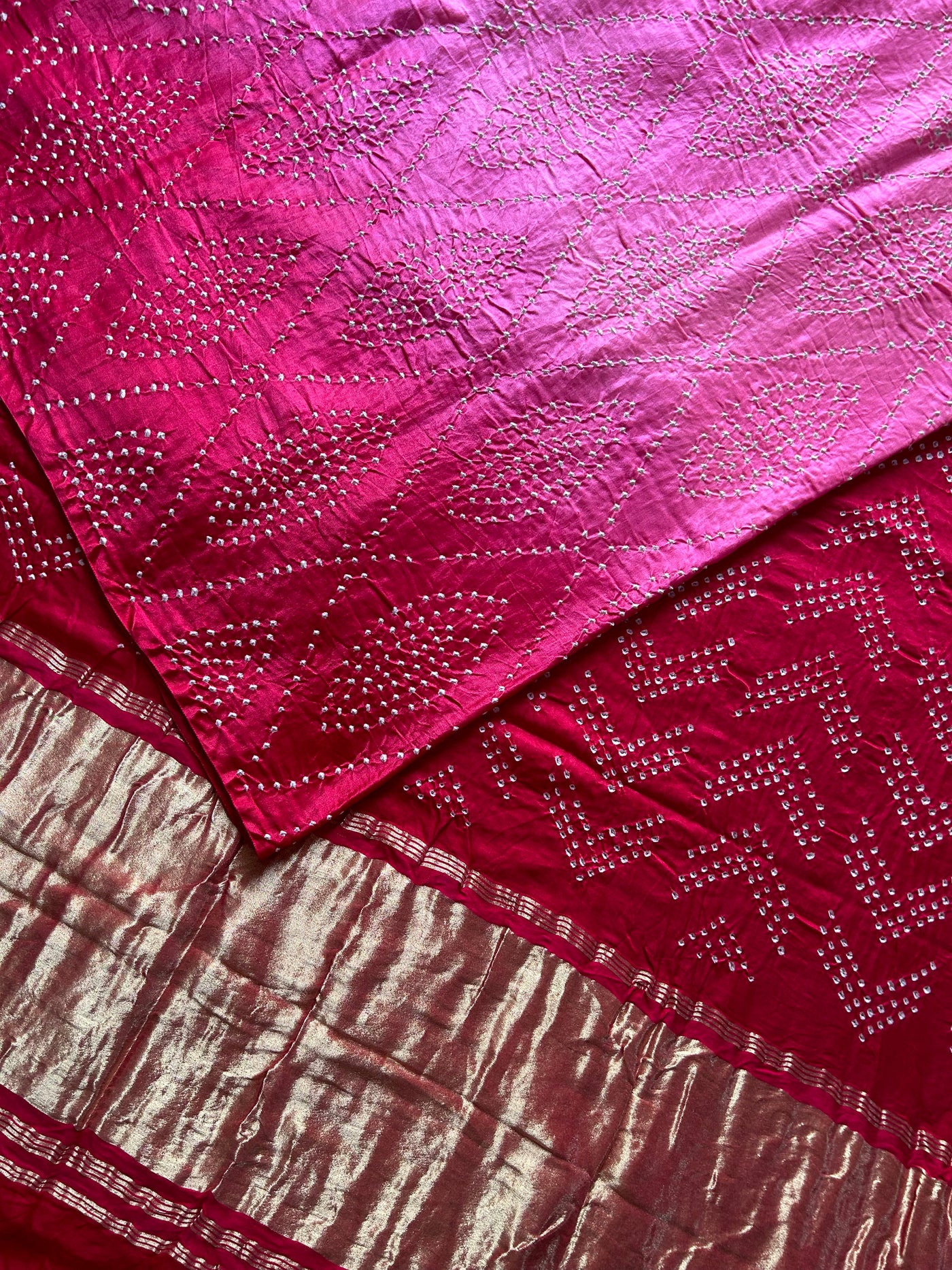 UPASANA: HANDMADE PURE GAJJI SILK RAI DANA BANDHNI SAREE WITH TISSUE PALLU