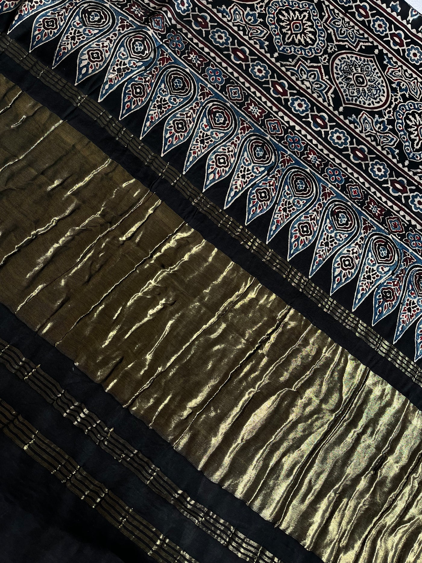 CHAVI: Handblock Modal Silk Tissue Ajrakh Saree