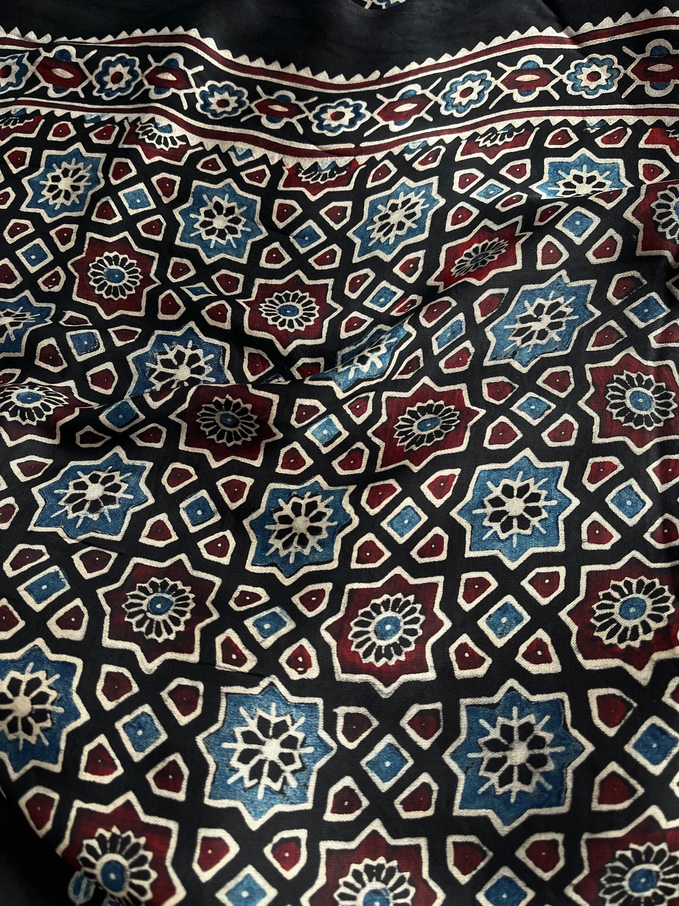 CHAVI: Handblock Modal Silk Tissue Ajrakh Saree