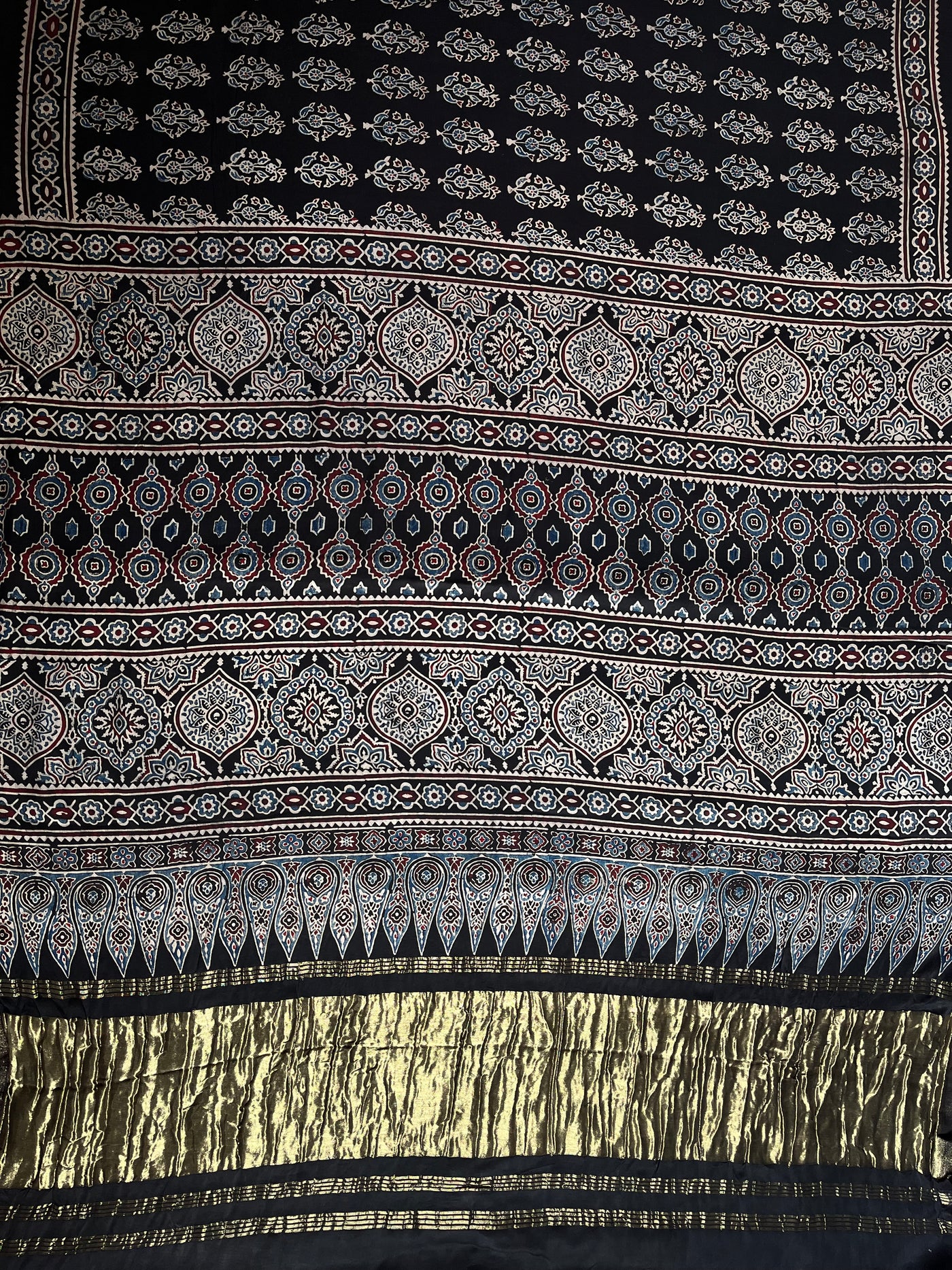 CHAVI: Handblock Modal Silk Tissue Ajrakh Saree