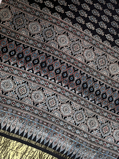 CHAVI: Handblock Modal Silk Tissue Ajrakh Saree