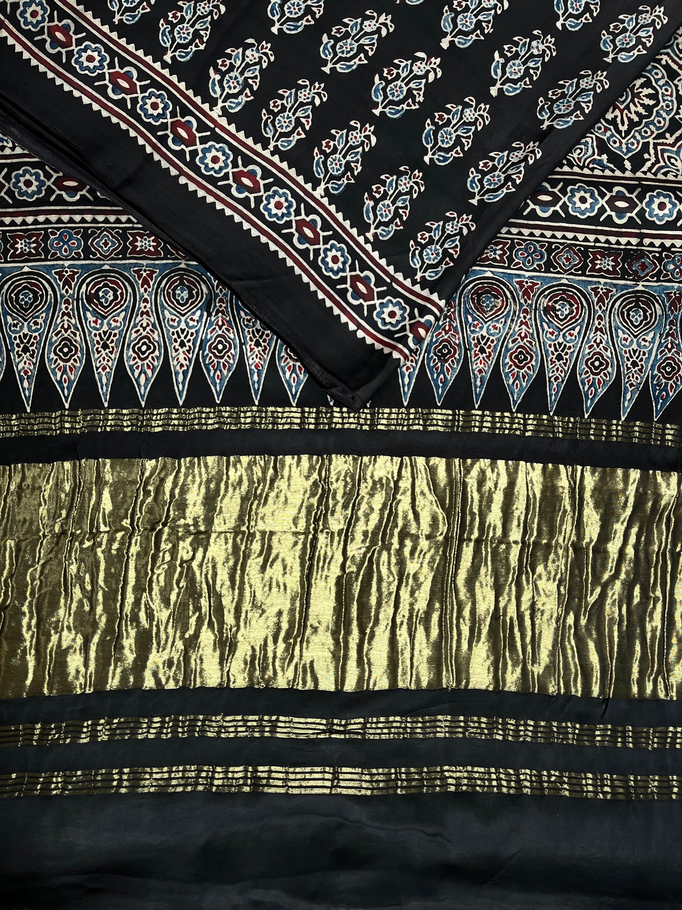 CHAVI: Handblock Modal Silk Tissue Ajrakh Saree