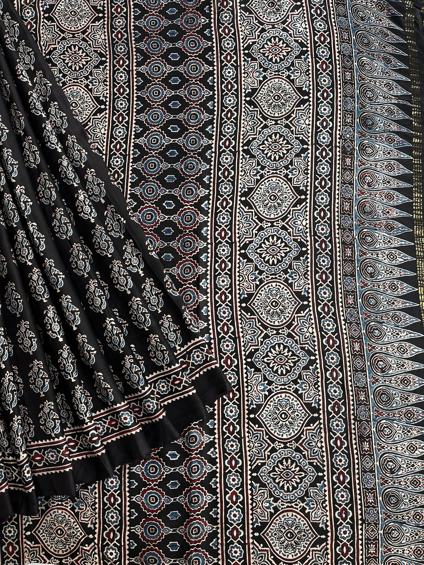 CHAVI: Handblock Modal Silk Tissue Ajrakh Saree