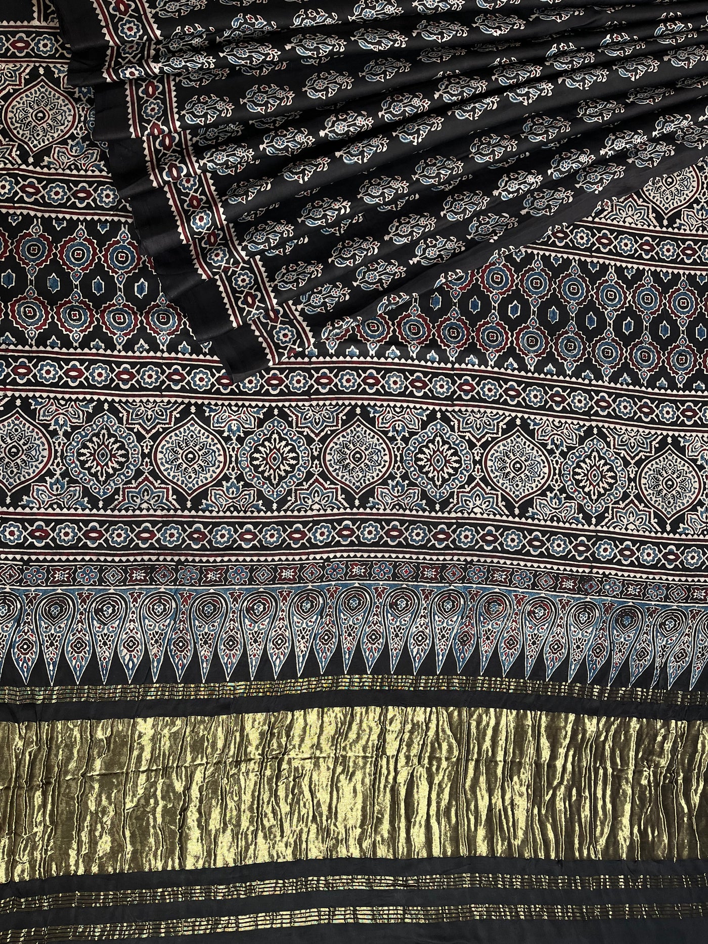 CHAVI: Handblock Modal Silk Tissue Ajrakh Saree