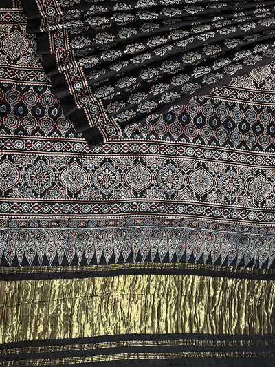 CHAVI: Handblock Modal Silk Tissue Ajrakh Saree