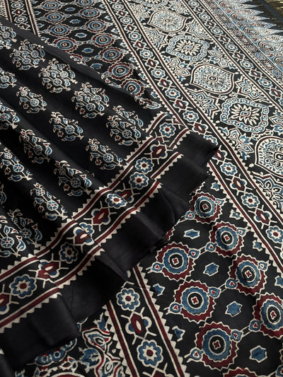 CHAVI: Handblock Modal Silk Tissue Ajrakh Saree