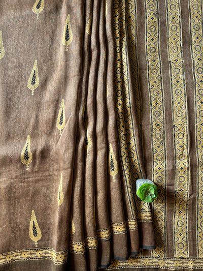 MOKSHA:HANDBLOCK AJRAKH PURE SILK-LINEN SAREE