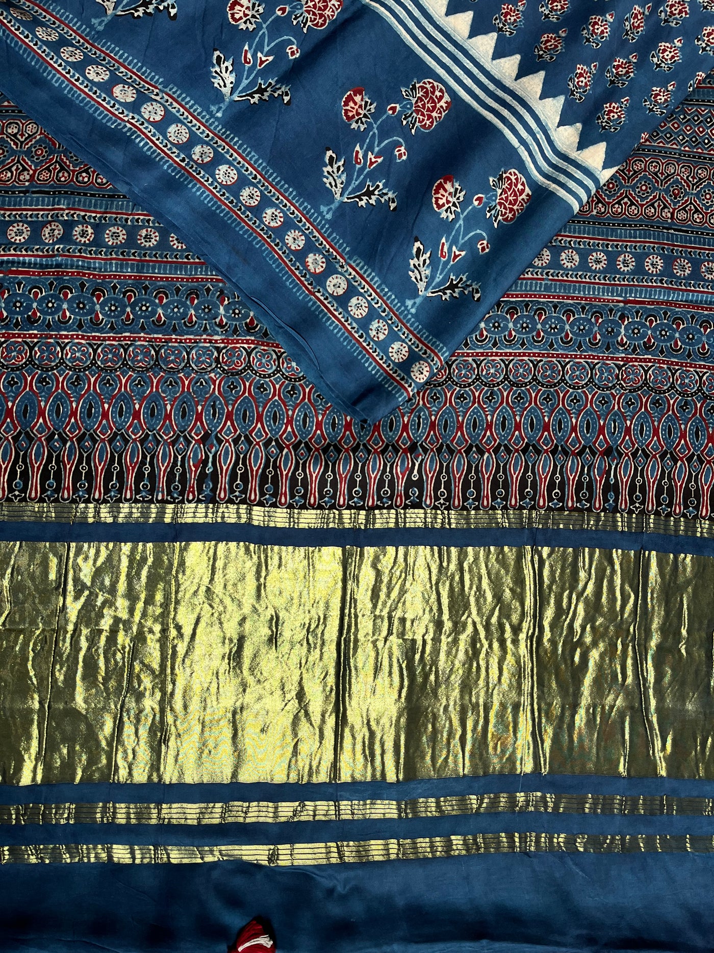 JANNAT: Handblock Modal Silk Tissue Ajrakh Saree