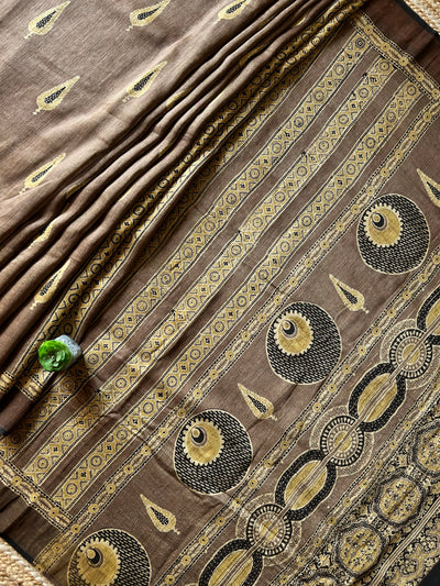 MOKSHA:HANDBLOCK AJRAKH PURE SILK-LINEN SAREE