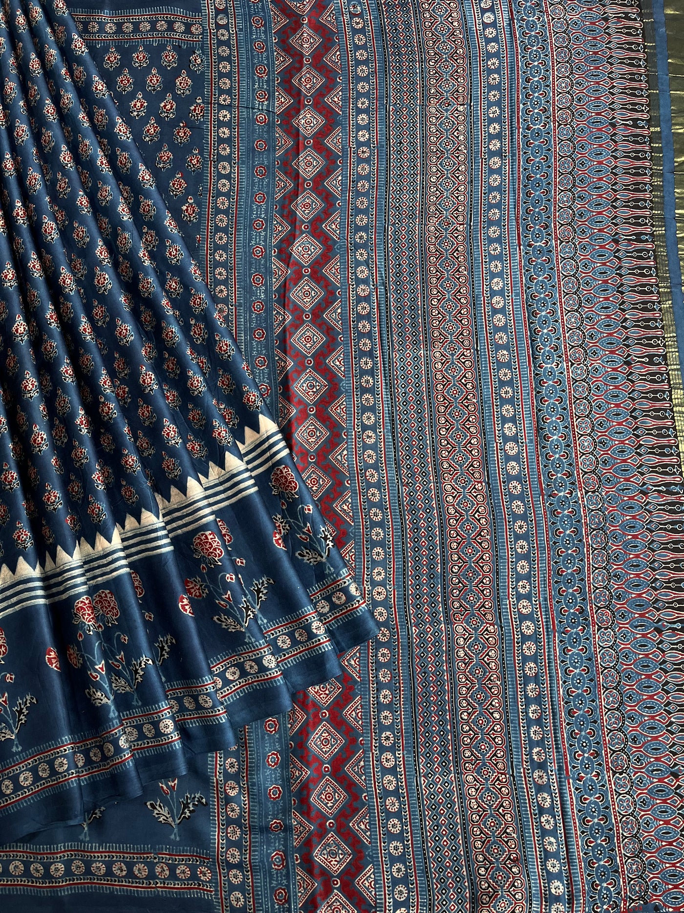 JANNAT: Handblock Modal Silk Tissue Ajrakh Saree