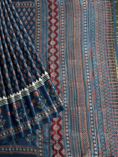 JANNAT: Handblock Modal Silk Tissue Ajrakh Saree
