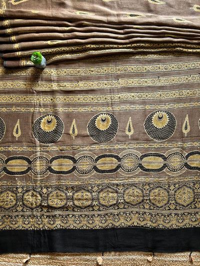 MOKSHA:HANDBLOCK AJRAKH PURE SILK-LINEN SAREE