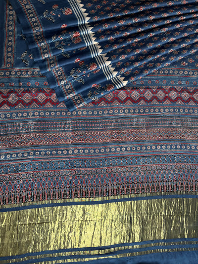 JANNAT: Handblock Modal Silk Tissue Ajrakh Saree